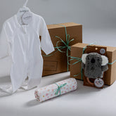 Little Kelly new mum and baby gift box with soft toy rattle and Australian made muslin and organic growsuit. Best baby hamper Australia, corporate maternity gift hamper Australia wide.