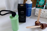 Olieve & Olie peppermint and coffee soap on a rope, moogoo, and chocolate spoons. Baby boy hamper Australia, corporate maternity gifts Australia
