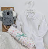 Koala baby rattle toy set with a white baby onesie, floral baby muslin wrap. Baby gift hamper, corporate maternity gift hamper Australia.