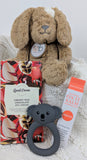 Soft dog toy, Local Cocoa chocolate bar, and Moogoo Fit It balm. Baby hamper Australia. Baby boy hamper. Baby girl hamper. Baby gifts australia.