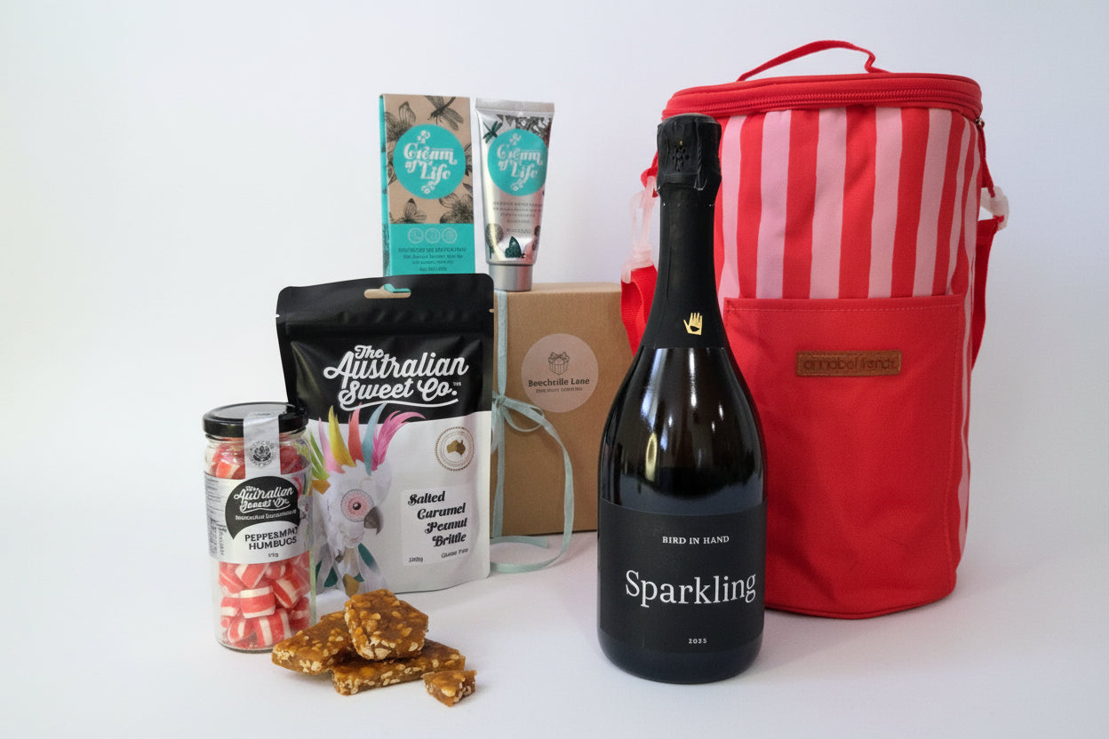 Sweet treats, hand cream and Australian sparkling wine with a cooler bag, gift hamper for her 